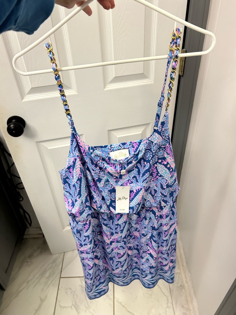 NWT LILLY PULITZER floral dress with gold chain straps.